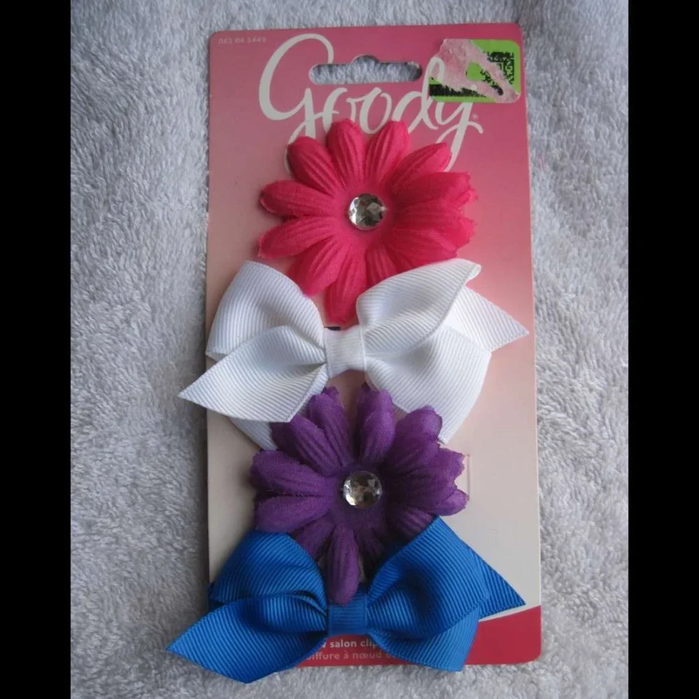 4 Goody Silk Flower & Bow Salon Clips Gem Diamond Center Fabric Covers Hair Clip